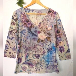 Y2K Vintage Forest Fairy Fairycore Floral V-Neck Women Top Oversized Small